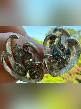 BSK SilverTone Rhinestone Clip-On Vintage Earrings